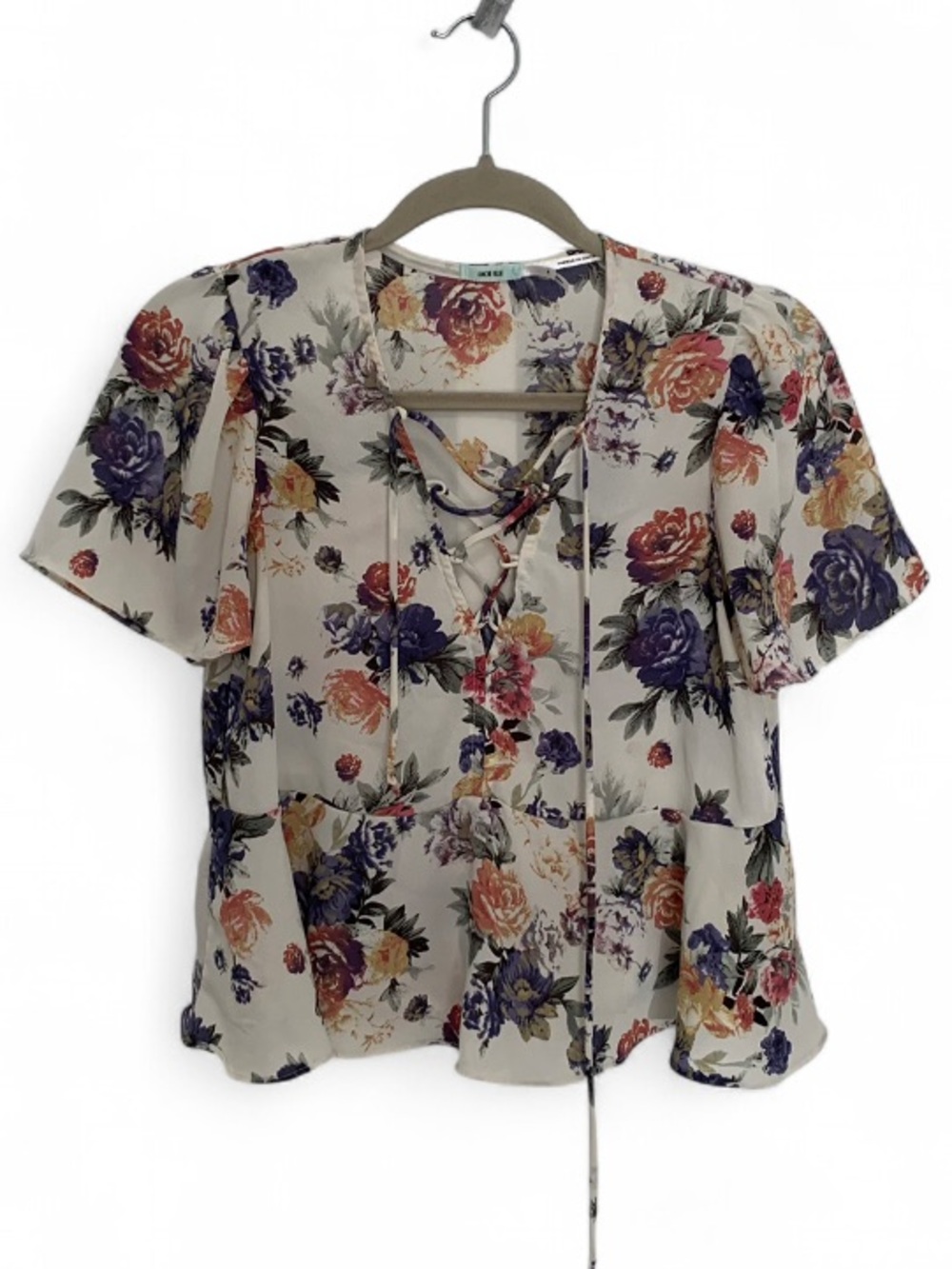 Kimchi Blue Floral Lace-Up Cream Short Sleeve Blouse - Picture 1 of 8